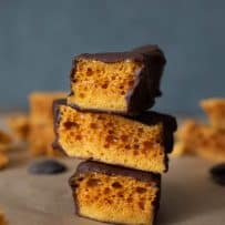 3 pieces of 3 Ingredient Cinder Honeycomb Toffee coated in chocolate
