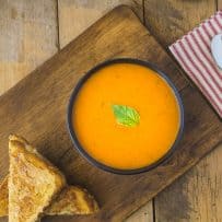 Bowls of 30 minute tomato basil soup from above