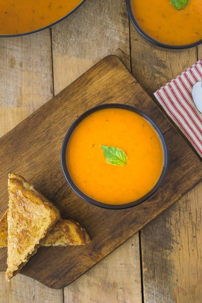 Bowls of 30 minute tomato basil soup from above