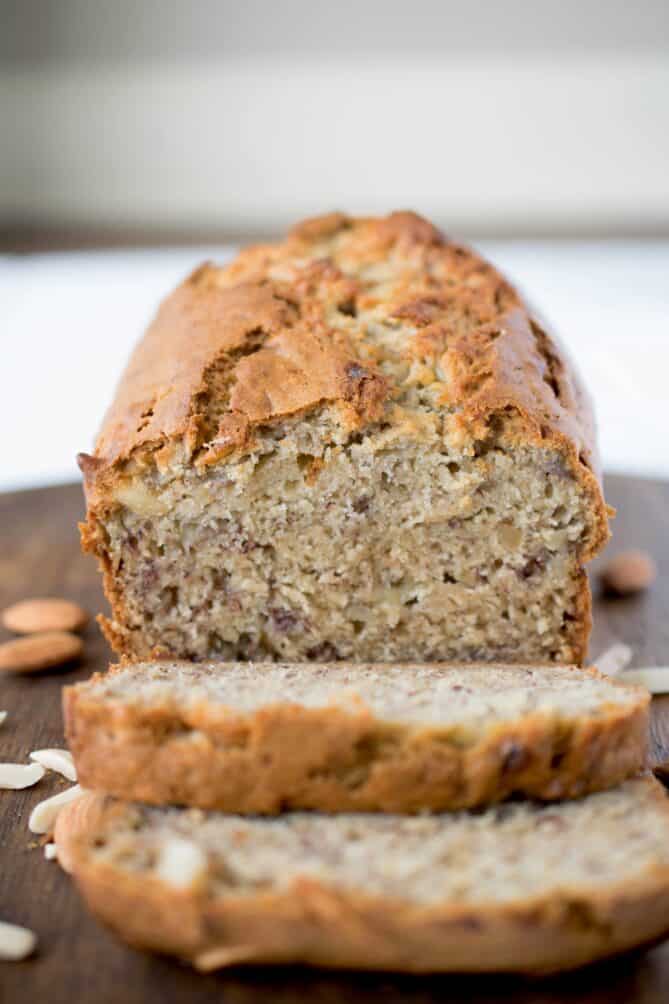 A closeup of the center of banana bread