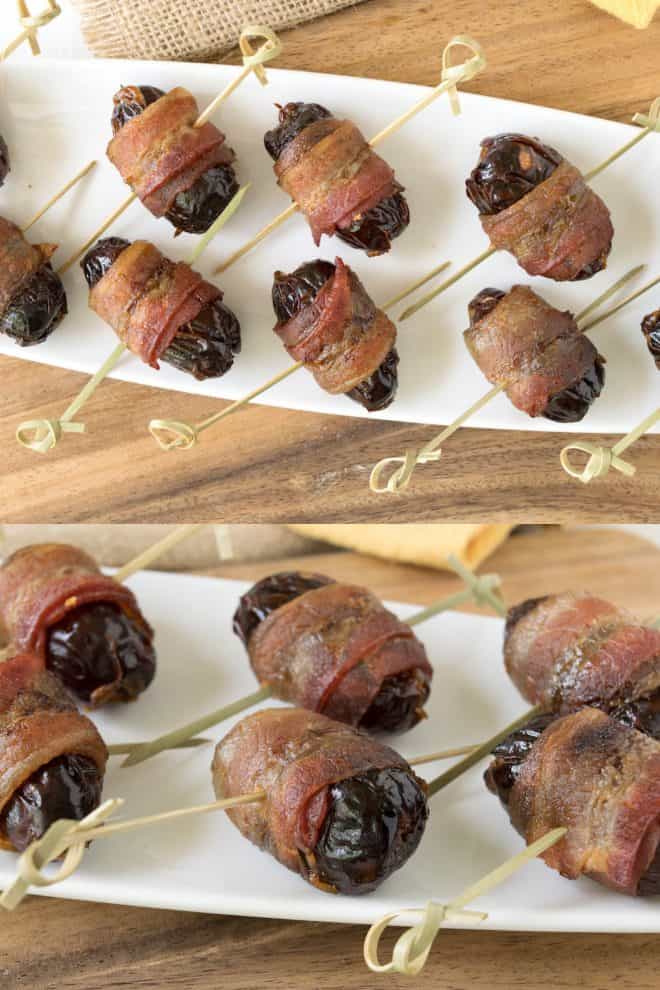 Skewered bacon wrapped dates for easy handling