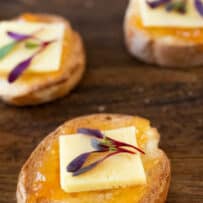 Crispy crostini with apricot, cheddar cheese and micro greens