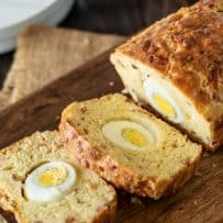 Slices of loaf showing the hard boiled egg inside