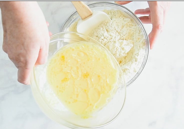 Wet ingredients are mixed into the dry ingredients