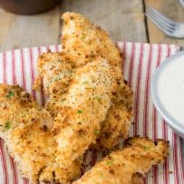 A closeup showing the crispy breading on the chicken