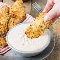 A crispy Panko breaded chicken tender served with a spicy blue cheese sauce