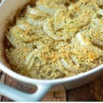 Browned breadcrumbs on top of baked fennel and apple