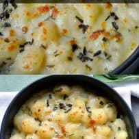 A closeup of baked gnocchi in a cheese sauce