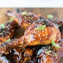 A closeup of a drumstick showing the sesame seeds