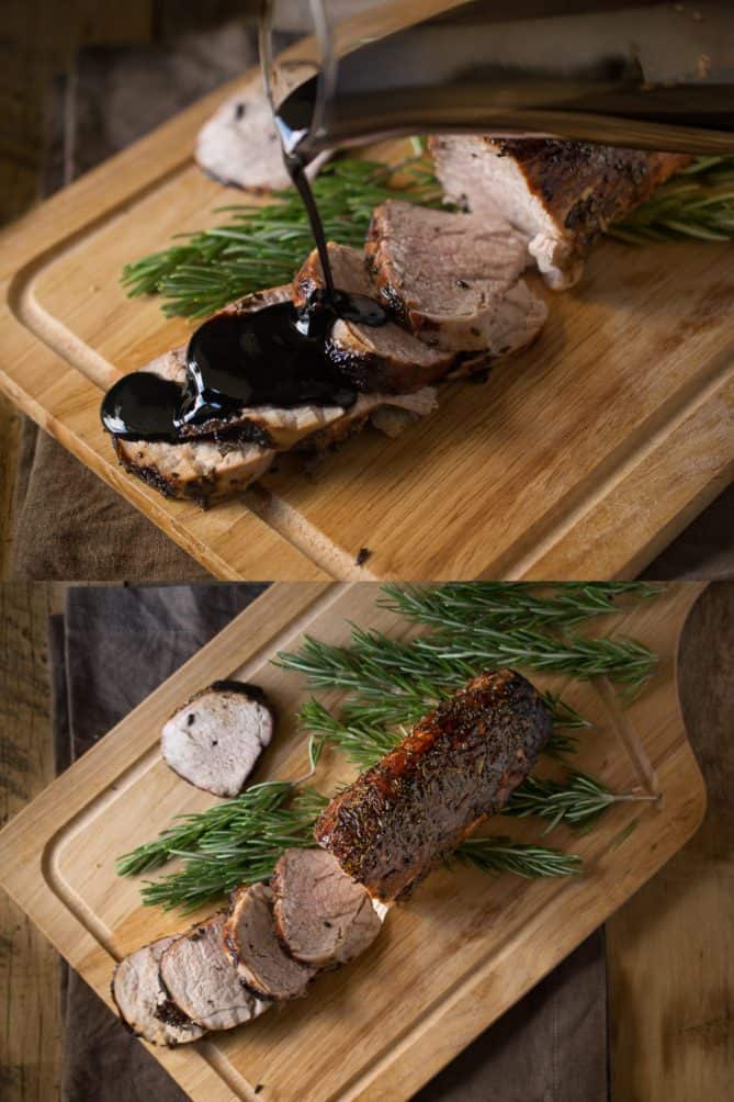 Roasted pork tenderloin viewed from overhead on a cutting board and pouring balsamic glaze