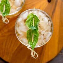 Basil julep from above showing 2 basil leaves skewered