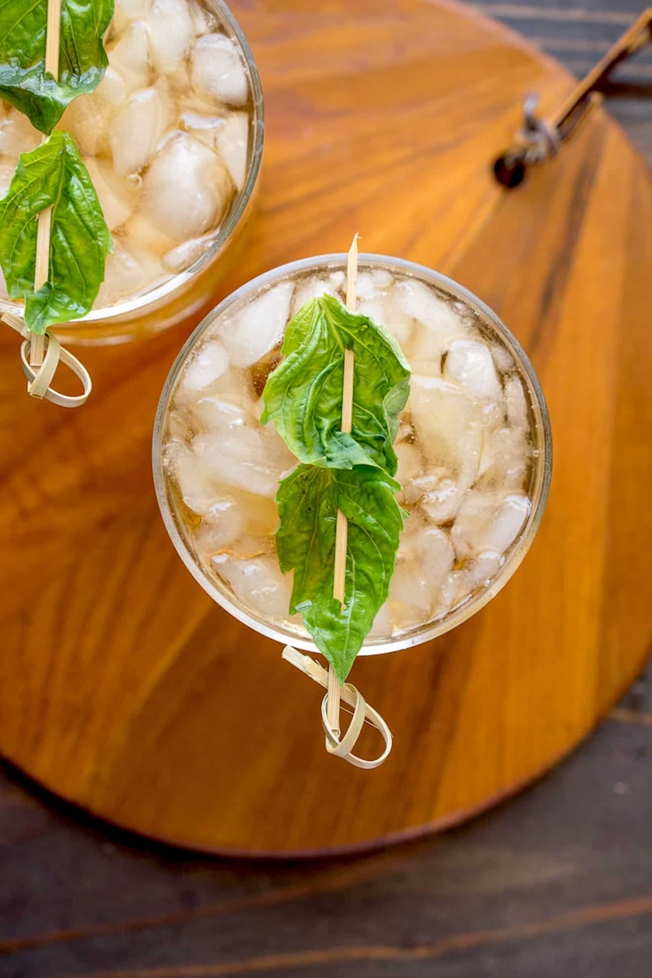 Basil julep from above showing 2 basil leaves skewered
