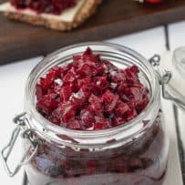 A sealed jar filled with beet relish