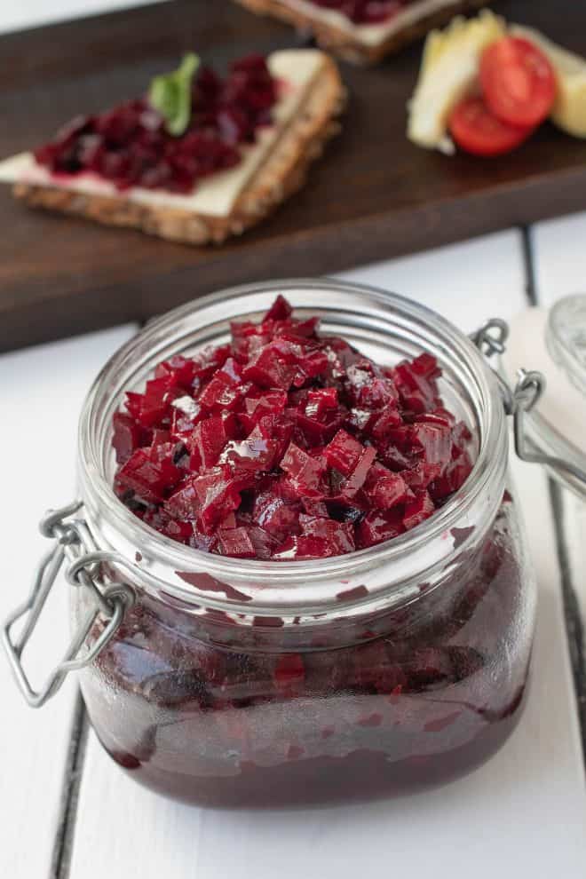 A sealed jar filled with beet relish