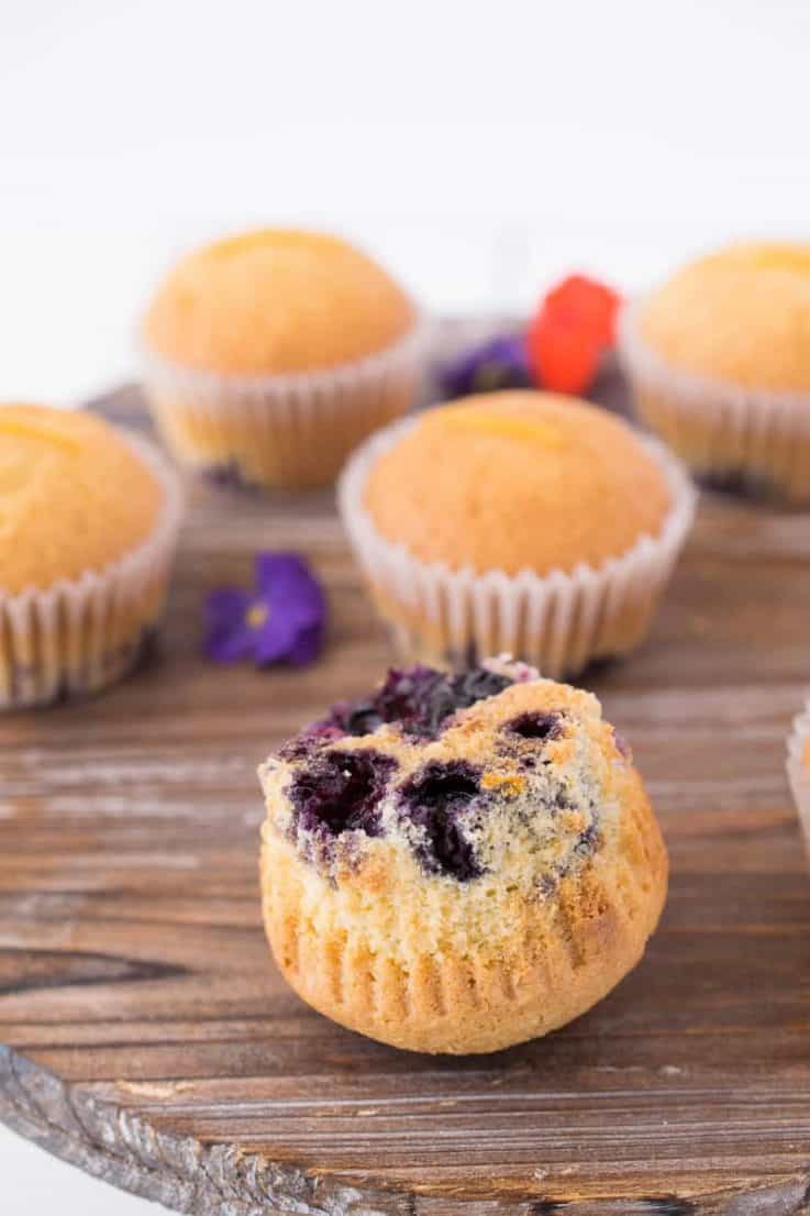 A blueberry orange muffin turned upside down showing the blueberries on the bottom