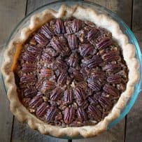 Bourbon Pecan Pie from above showing the decorative pattern of the pecans on top
