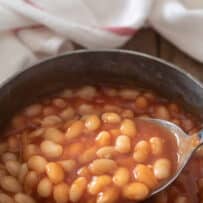 Tomato sauce based baked beans in a saucepan