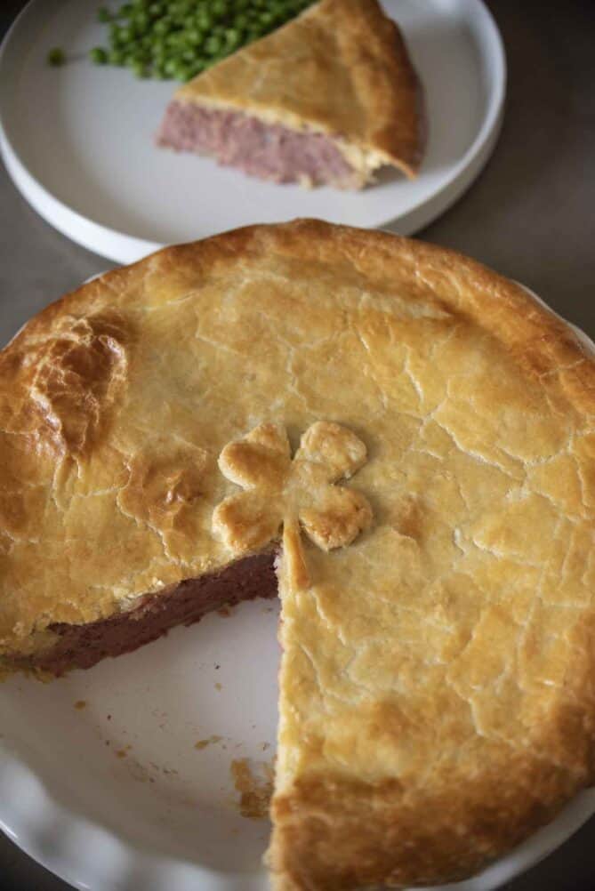 A pie garnished with a pastry shamrock