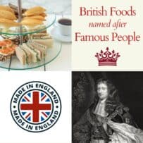 A collage of a Made in England sign, an old painting and afternoon tea sandwiches