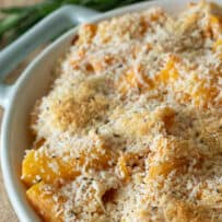 Browned breadcrumbs on top of baked pasta tubes