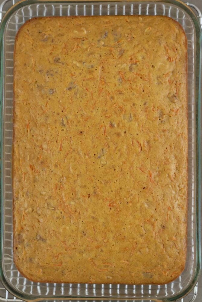 A closeup of a carrot cake without frosting showing the specs of grated carrot.