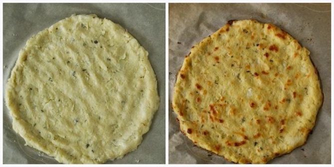 Cauliflower crust, before baking and after baking showing how browned it gets