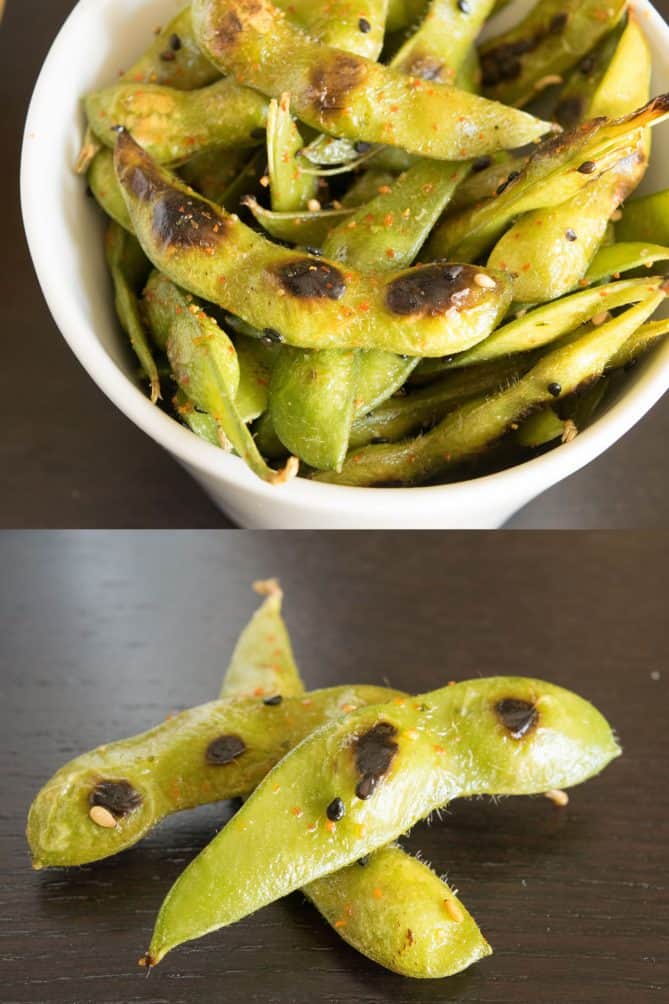 A closeup of edamame with a perfect char with specs of togarashi