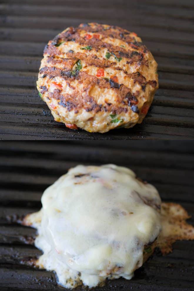 A chipotle chicken burger cooking on the grill and the burger covered in melted cheese