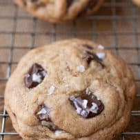 Large chocolate chunks in a cookie topped with flaky sea salt