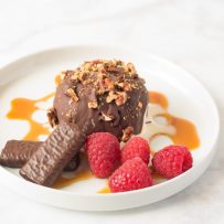 Chocolate pecan coated ice cream ball on a white plate