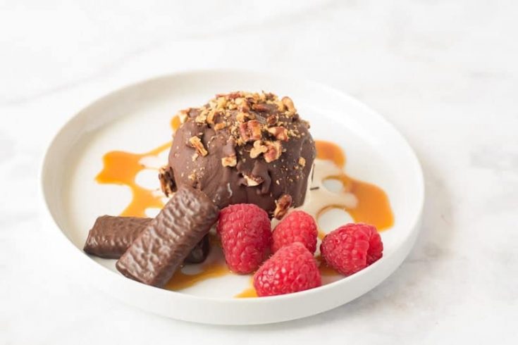 Chocolate pecan coated ice cream ball on a white plate