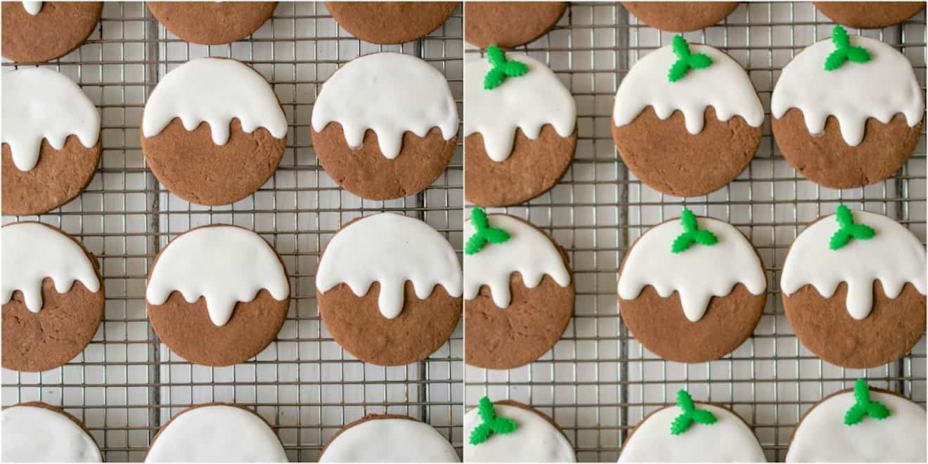 The cookies in the stages of frosting and decorating