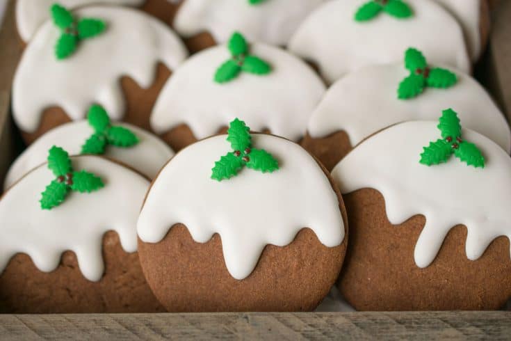 A closeup of the cookies showing the pretty fondant green holly and white frosting