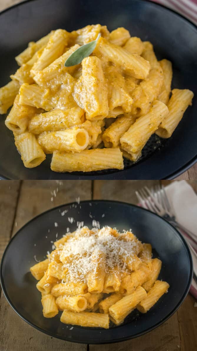 2 bowls of pasta mixed with creamy butternut squash puree