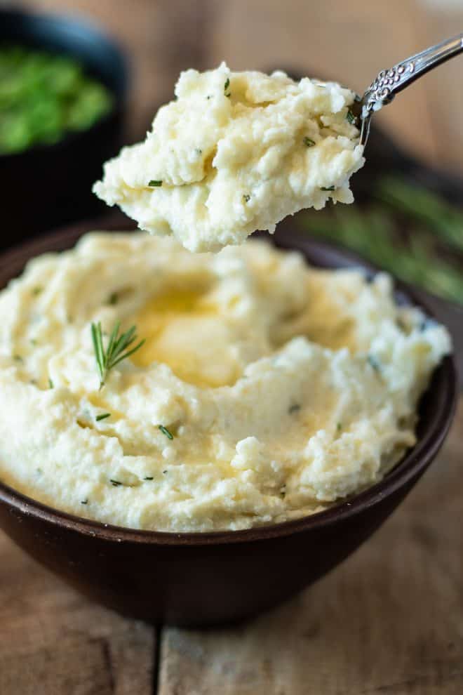 A spoonful of creamy rosemary cauliflower mash