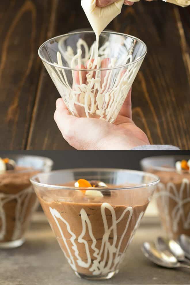 Drizzling melted white chocolate onto the inside of a glass bowl.