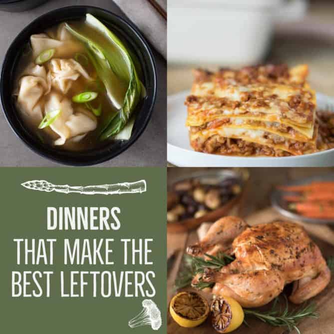 Wonton soup, a slice of Lasagna and a roast chicken