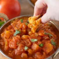 Tomato chutney on a pice of naan bread