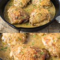 2 pans of Dijon chicken with a closeup
