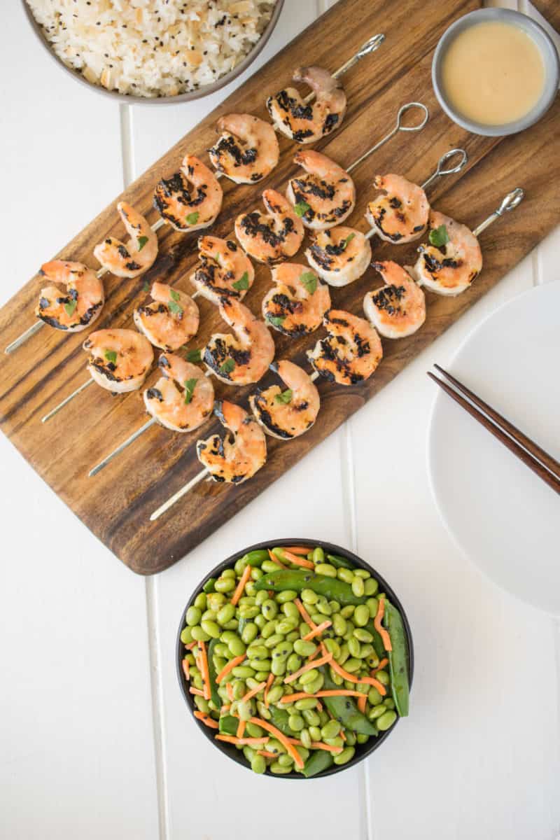 Edamame and snap peas with grilled shrimp on skewers