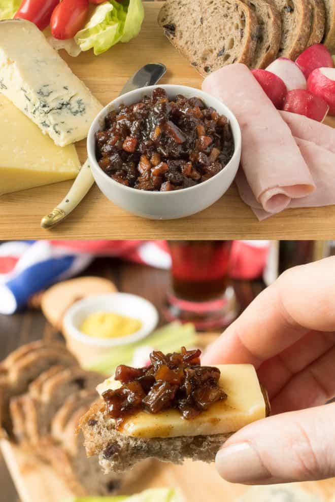 Pickle relish in a white bowl and on top of cheese