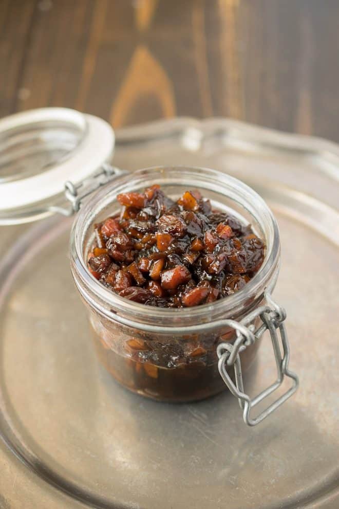 A sealed jar filled with English pickle relish