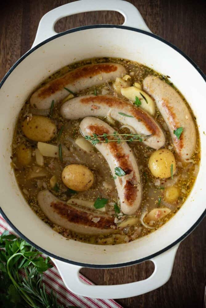 German beer sausage and potatoes viewed from overhead