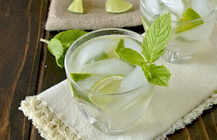 A glass of Ginger Gin Fizz in a short glass garnished with lime and mint