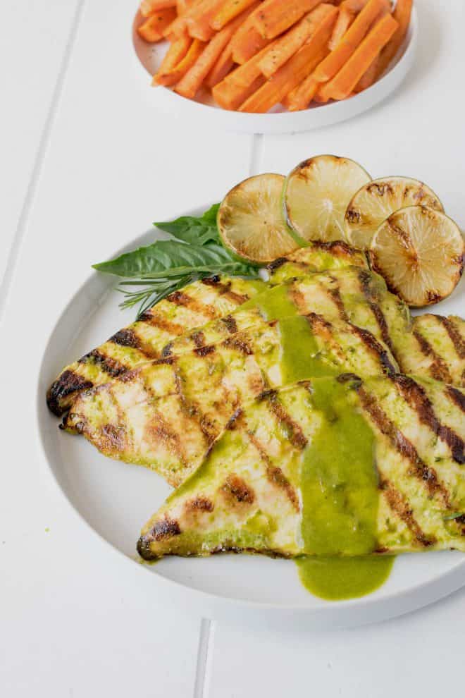 A closeup of the grilled chicken showing the perfect grill marks