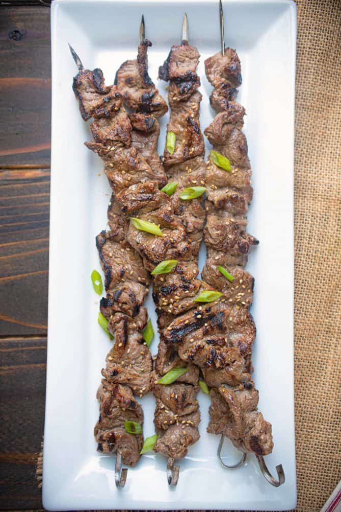 Grilled Korean beef skewers viewed from overhead