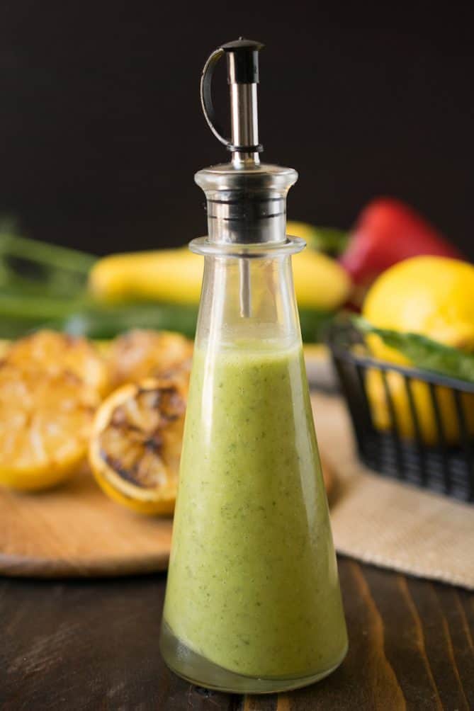 A closeup of grilled lemon basil vinaigrette showing the beautiful green color