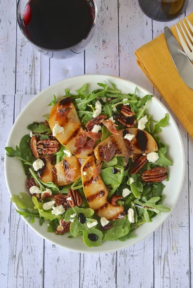 Pear and Crispy Prosciutto Salad viewed from overhead