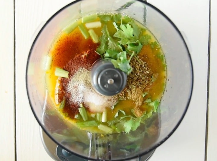 All the ingredients for the marinade in a food processor