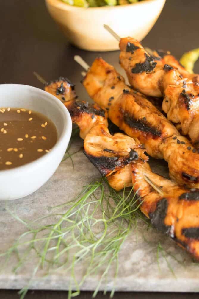 Grilled chicken on metal skewers